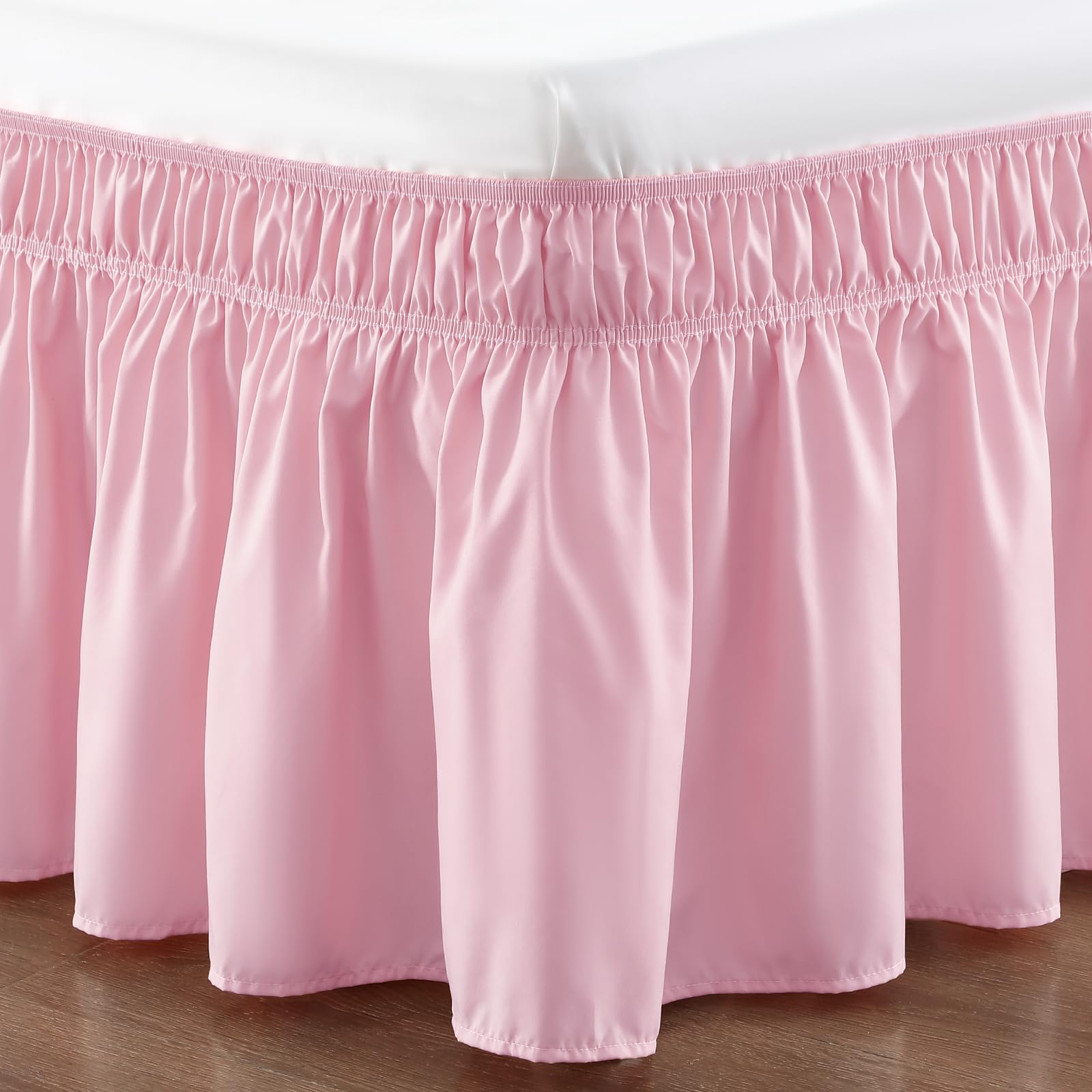 Rimela Pink Bed Skirt Queen Size 15 Inch Drop Elastic Wrap Around Dust Ruffle Solid Bedding Bedskirt Soft Microfiber Fabric Mach